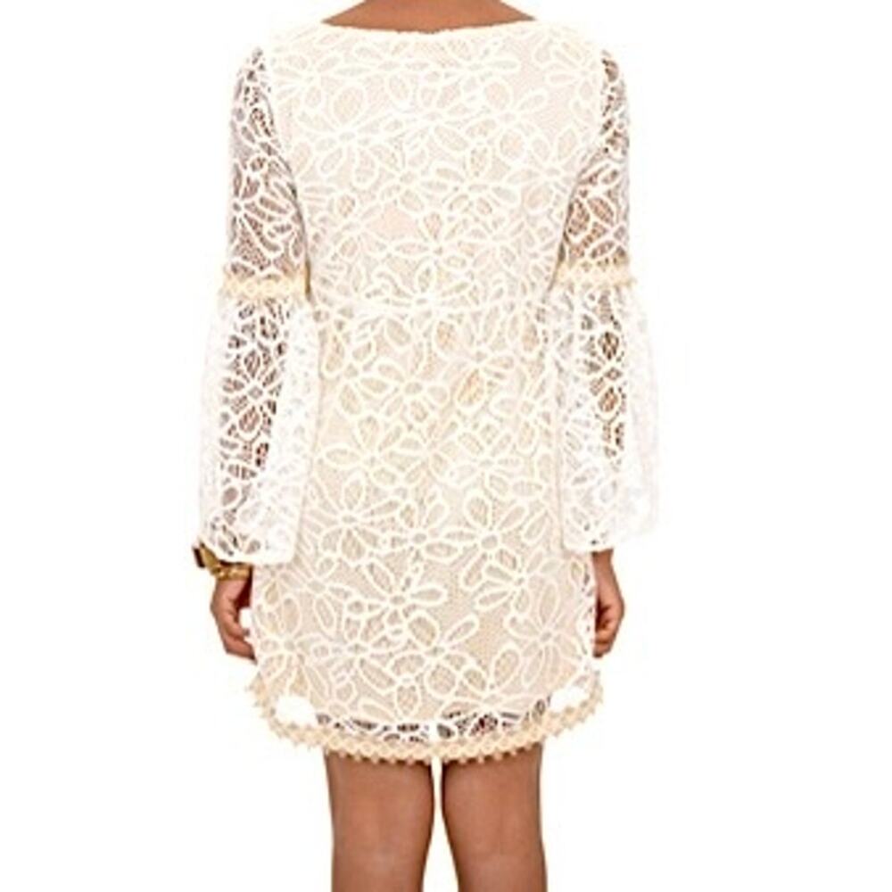 Basically me Cream Floral Lace Flared Sleeves Babydoll Mini Dress Women's M/L - Picture 2 of 12